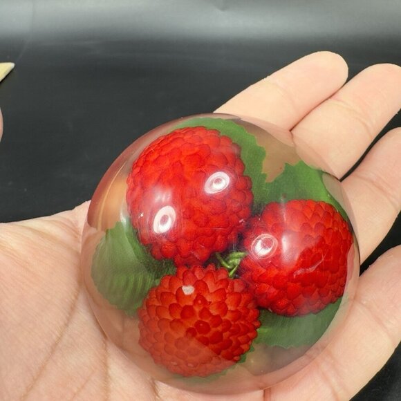 Dome Shape Acrylic Resin Lucite Round Paperweight Red Raspberry Leaves Vintage - Picture 7 of 13